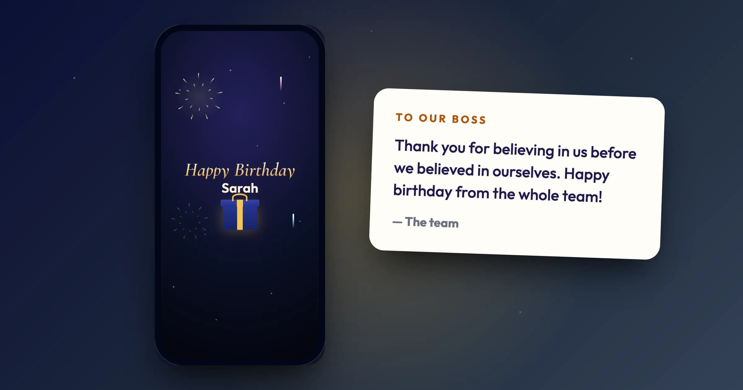 A birthday surprise for Sarah on a phone next to a card that reads: thank you for believing in us, happy birthday from the whole team