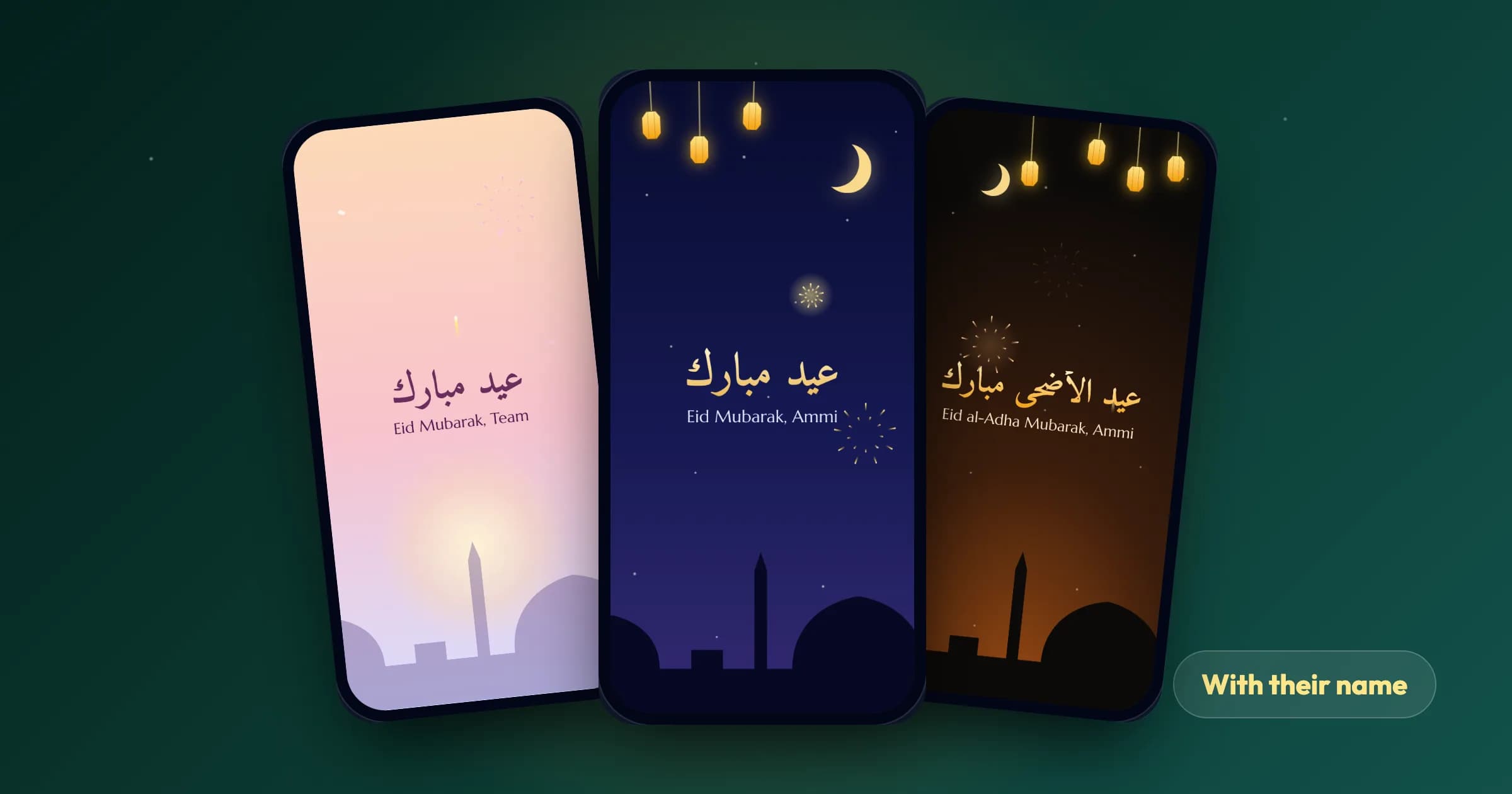 Three animated Eid cards on phones reading Eid Mubarak, Team and Eid Mubarak, Ammi, with lanterns and a crescent moon