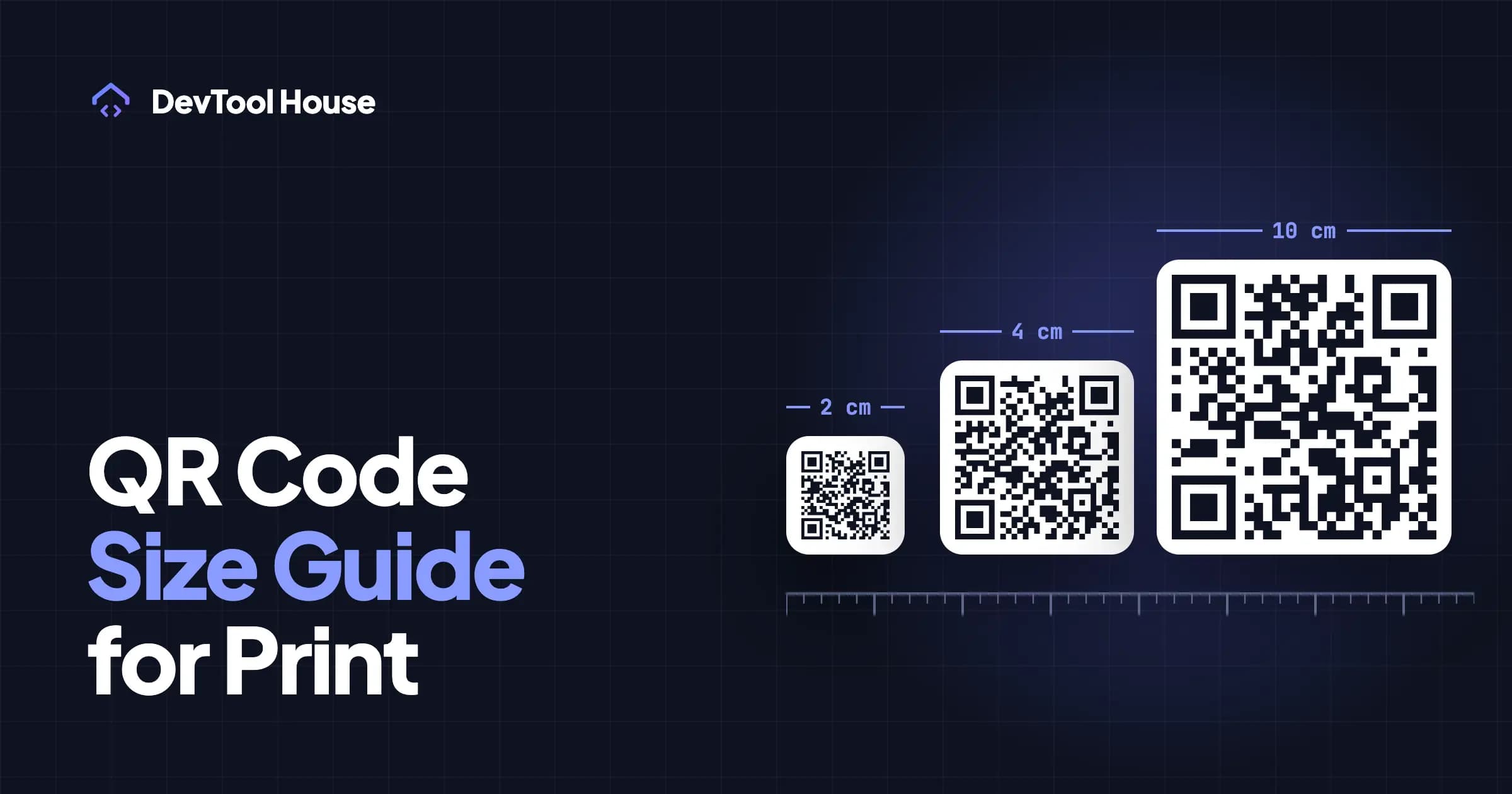 The same QR code printed at 2 cm, 4 cm and 10 cm, measured against a ruler