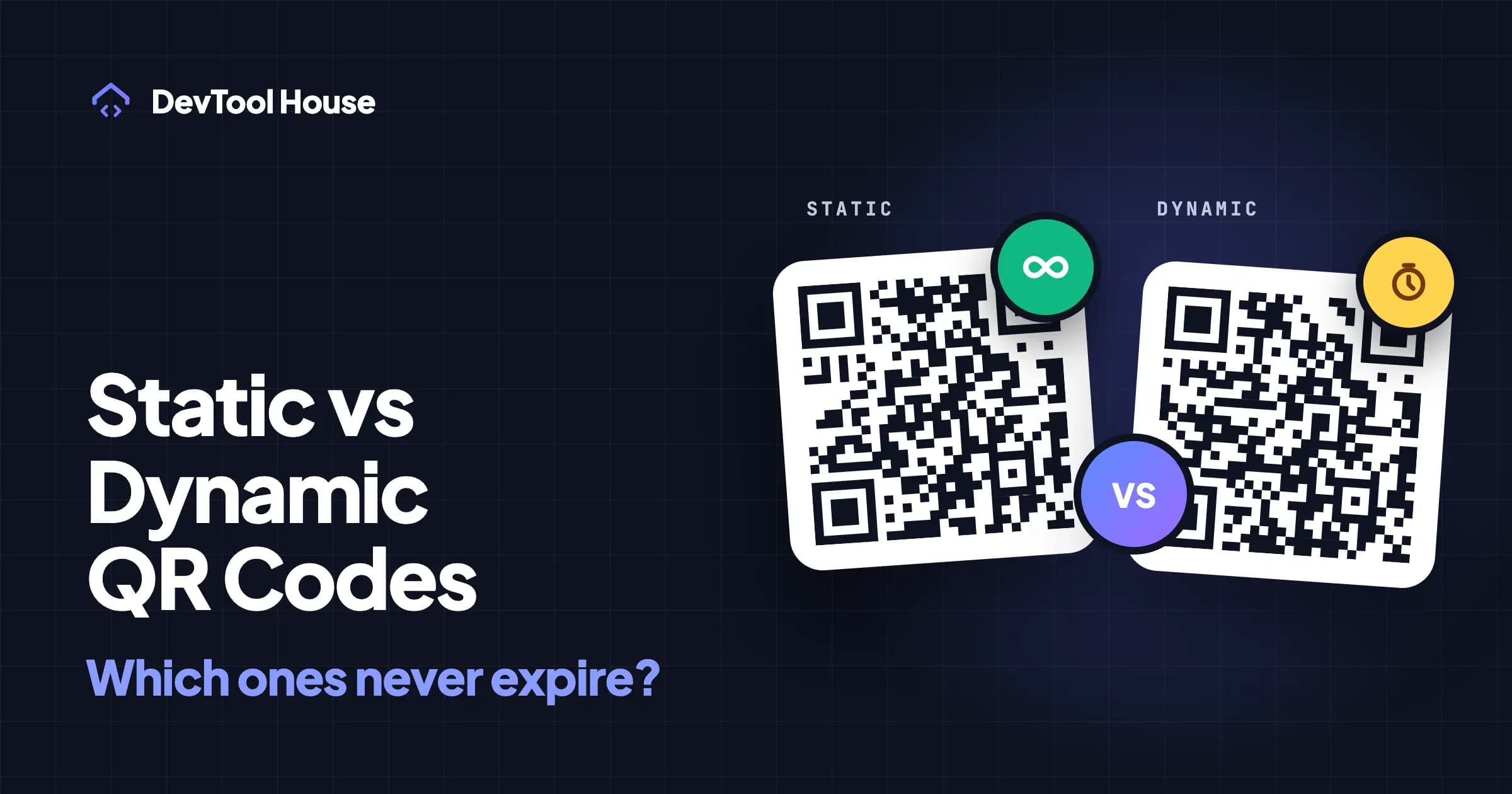 Two QR codes side by side, one labelled static with an infinity badge and one labelled dynamic with a timer badge