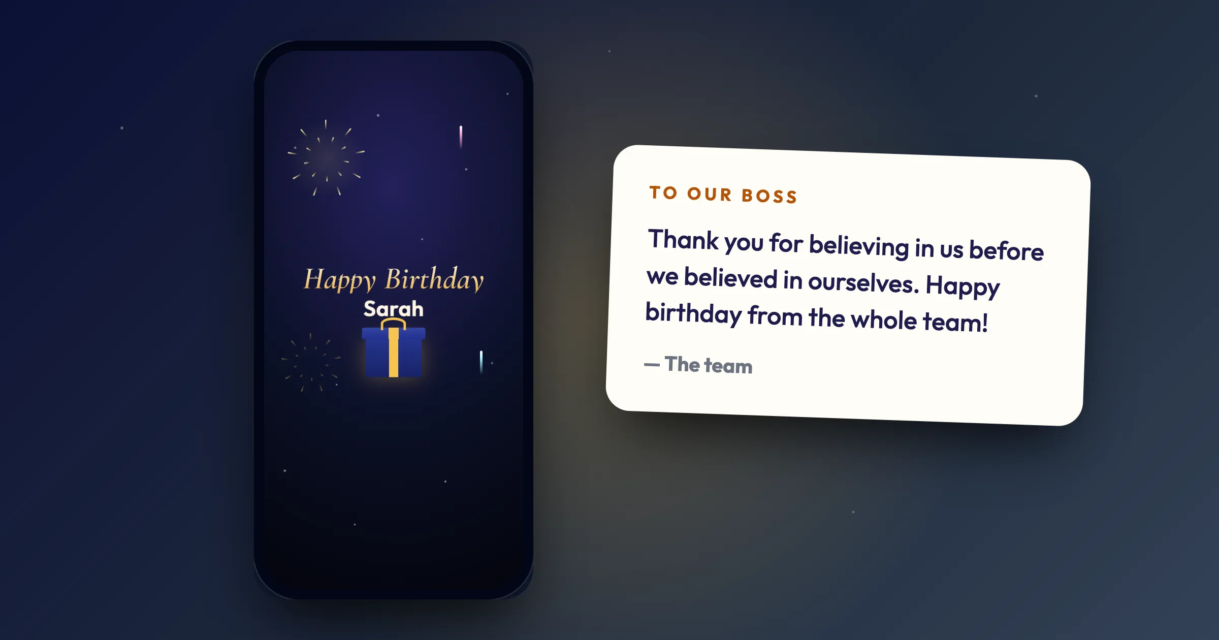 A birthday surprise for Sarah on a phone next to a card that reads: thank you for believing in us, happy birthday from the whole team