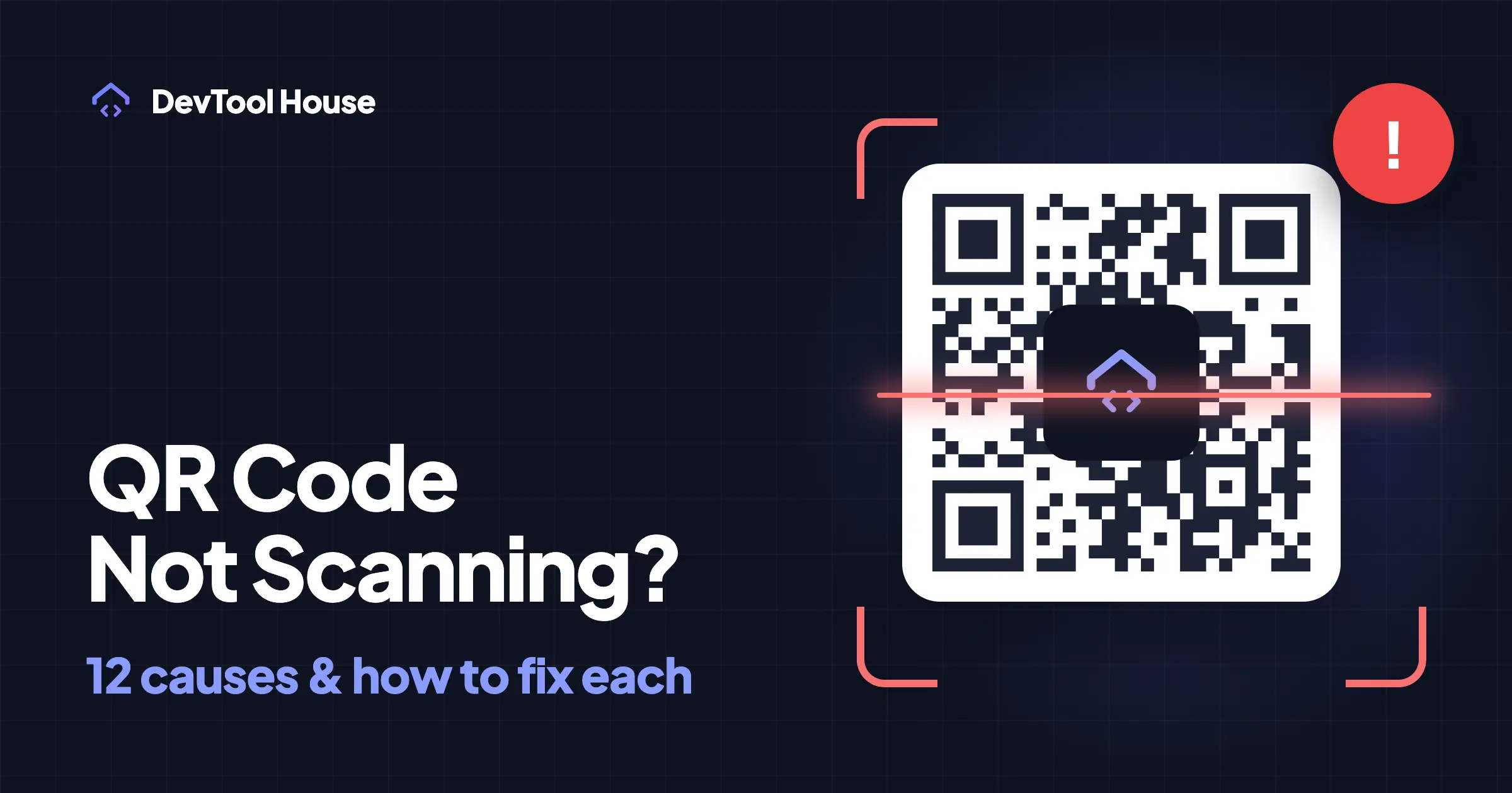 A QR code inside scanner brackets with a red scan line and a warning badge, failing to scan