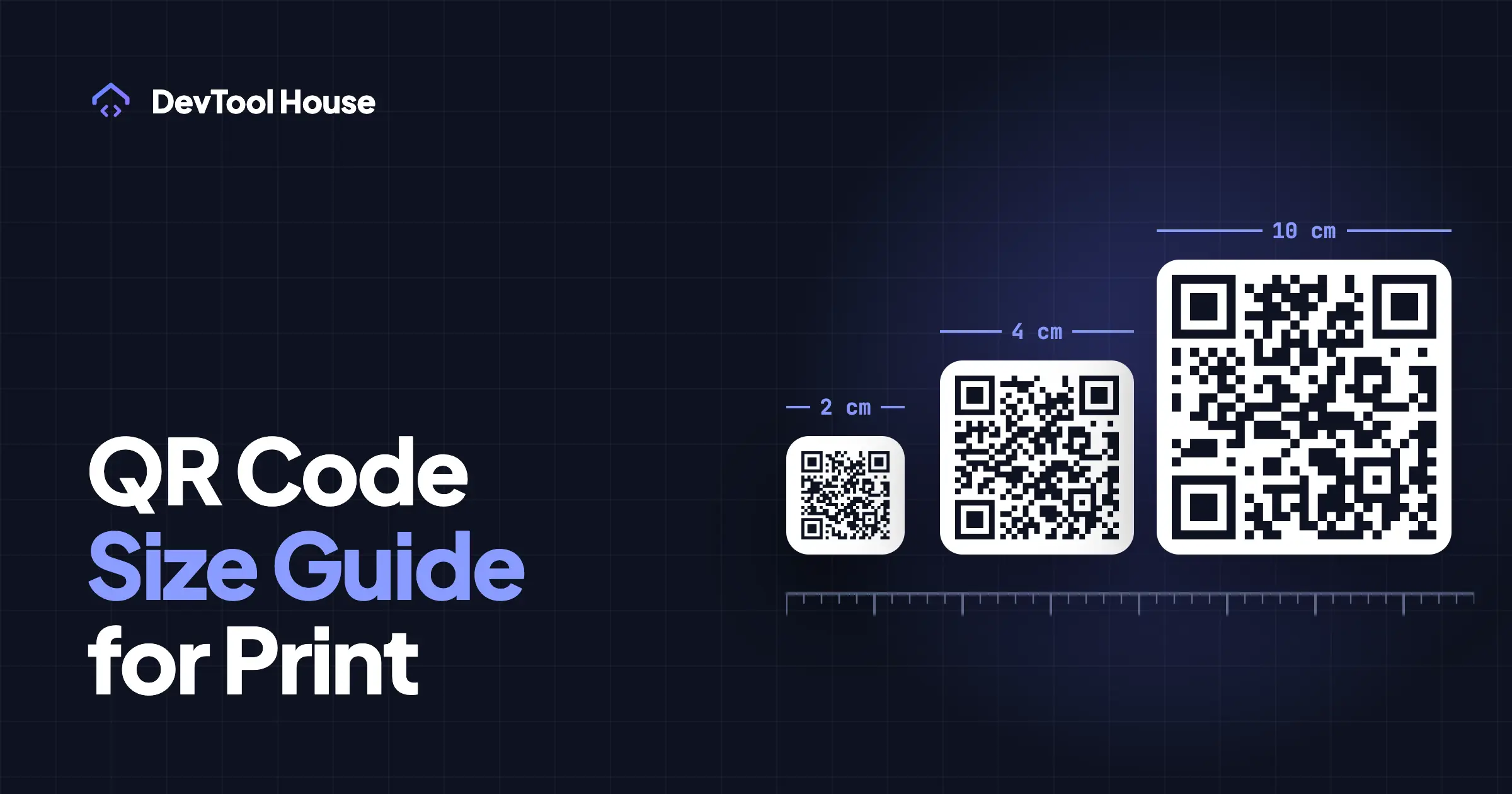 The same QR code printed at 2 cm, 4 cm and 10 cm, measured against a ruler