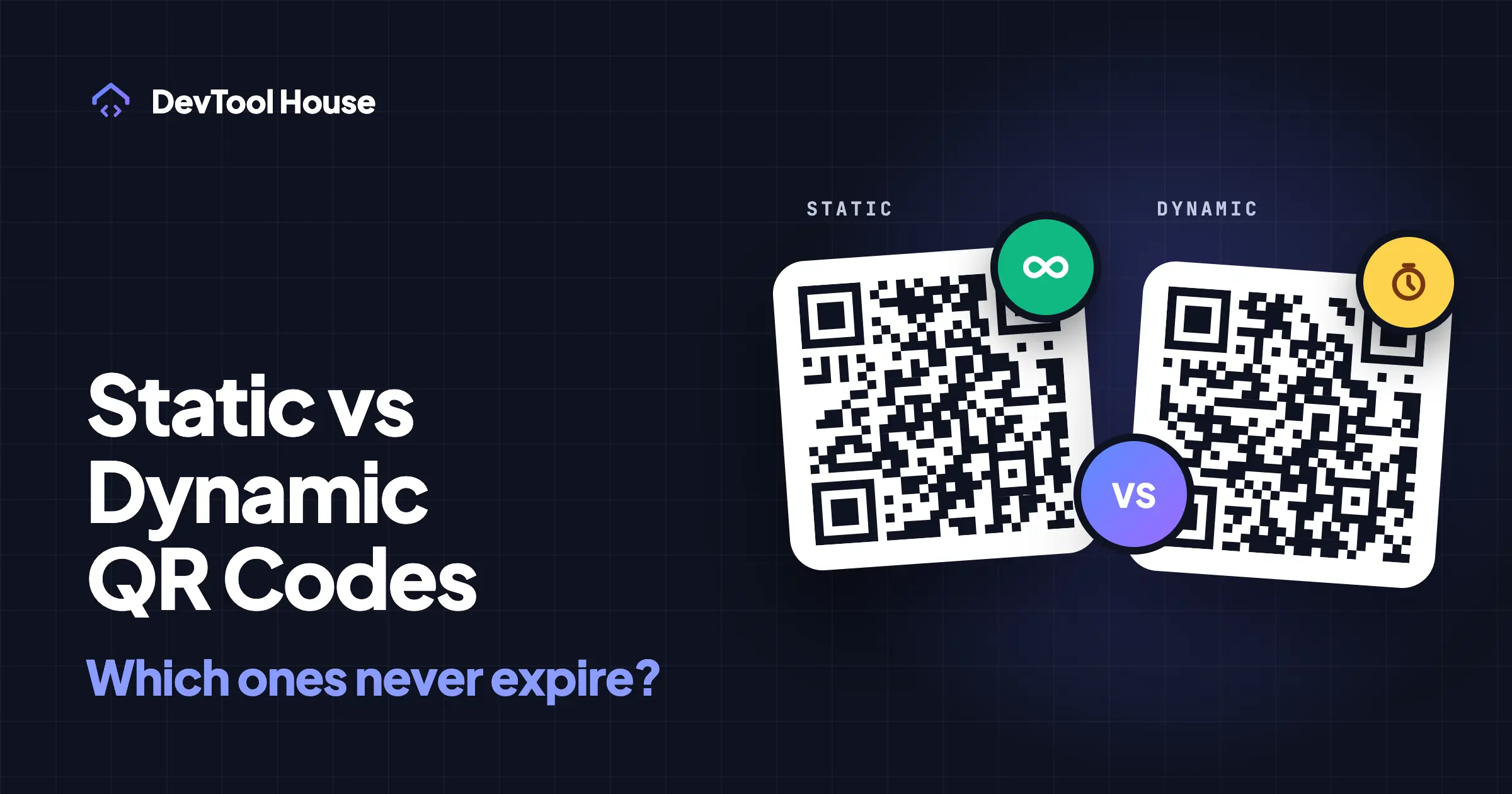 Two QR codes side by side, one labelled static with an infinity badge and one labelled dynamic with a timer badge
